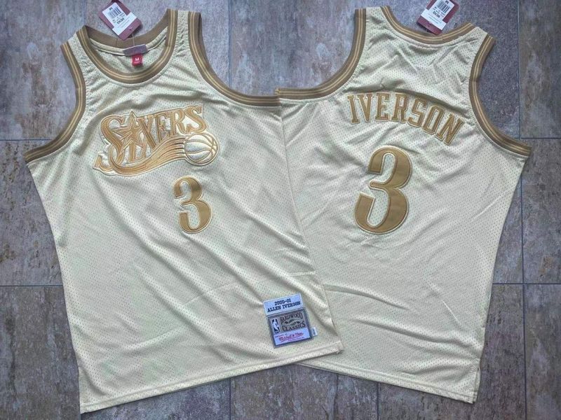 Cheap Men Philadelphia 76ers 3 Iverson White 2000-2001 all gold dense embroidery NBA Jersey